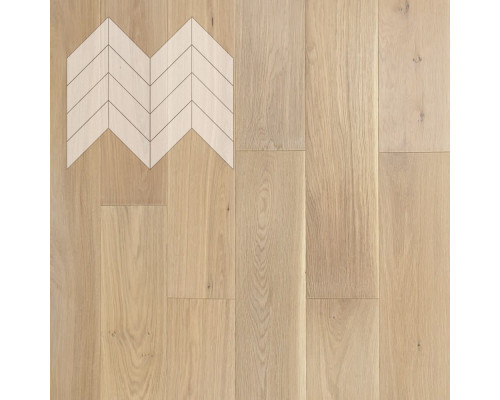 Паркет Елка Французская Lab Arte Chevron Дуб Селект Чегет белый лак 600/450х150х14/3/45°
